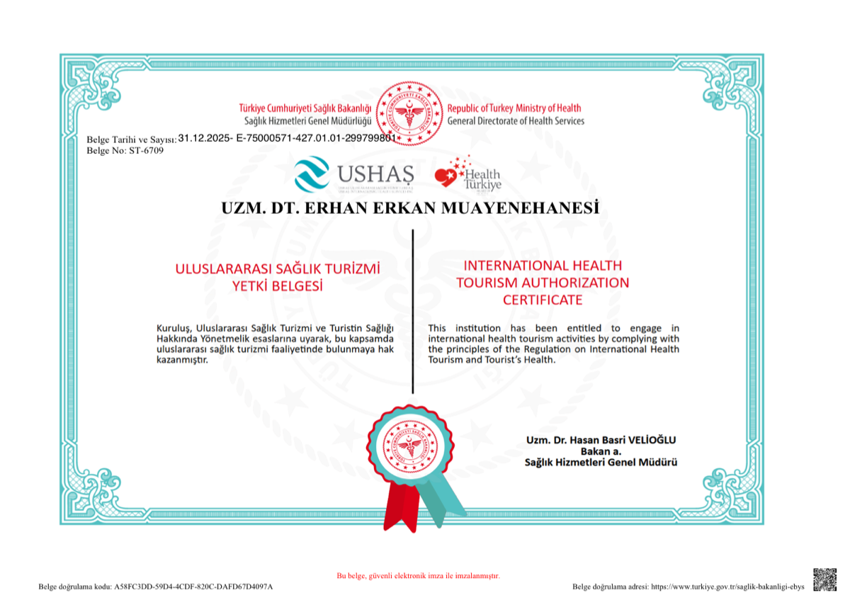 Uzm. Dt. Erhan Erkan Muayenehanesi adına düzenlenmiş T.C. Sağlık Bakanlığı Uluslararası Sağlık Turizmi Yetki Belgesi